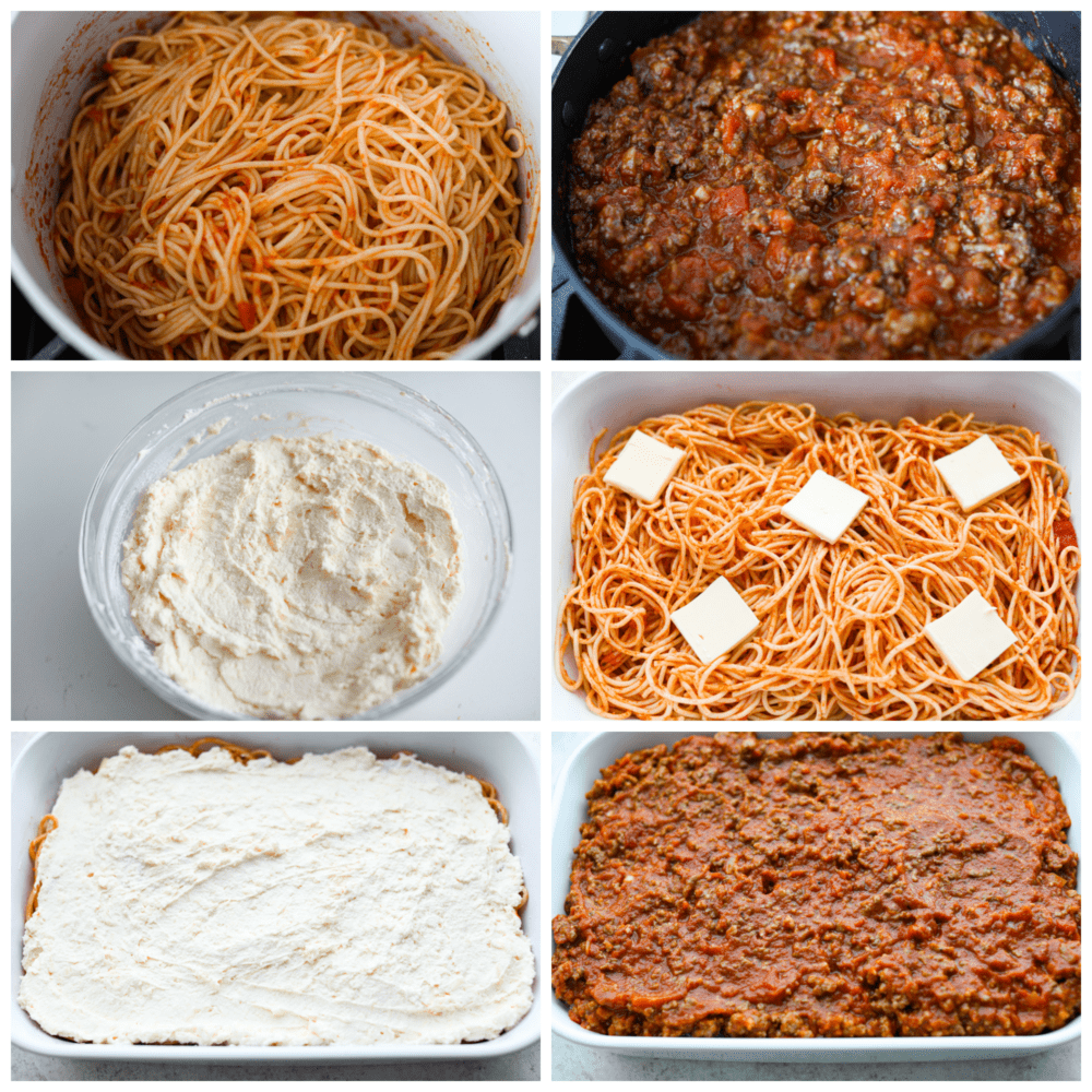 Process photos displaying how to prepare the noodles, meat sauce, cheese layer, and put it all together.