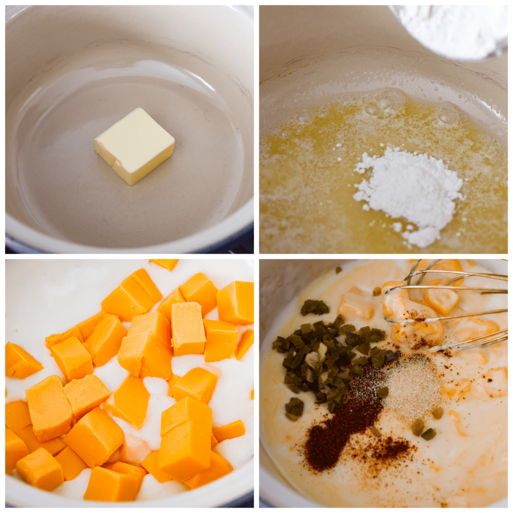 Process photos showing how to make a roux, adding the rest of the ingredients and whisked together.