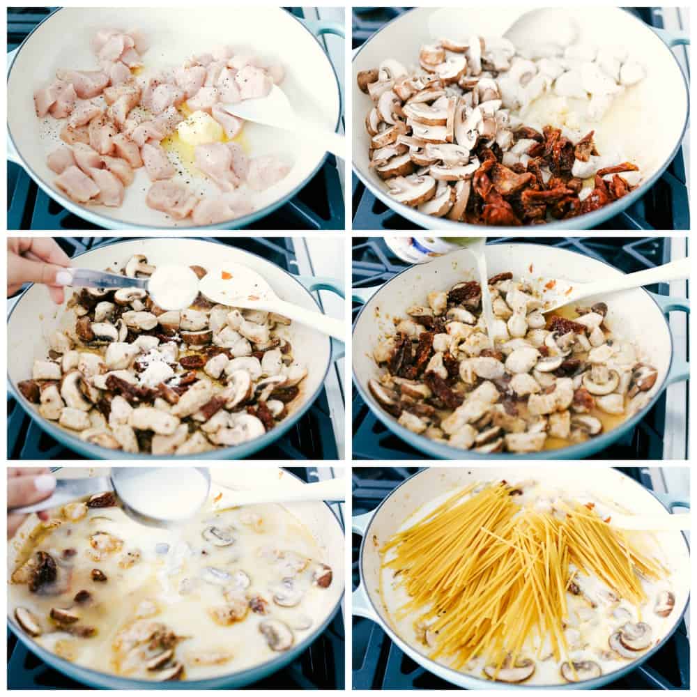 One Pot Creamy Chicken Mushroom Florentine is ready in under 30 minutes! Everything is made in just one pot and it is filled with sun dried tomatoes, spinach, mushrooms and the creamiest pasta! The process of making chicken mushroom Florentine.