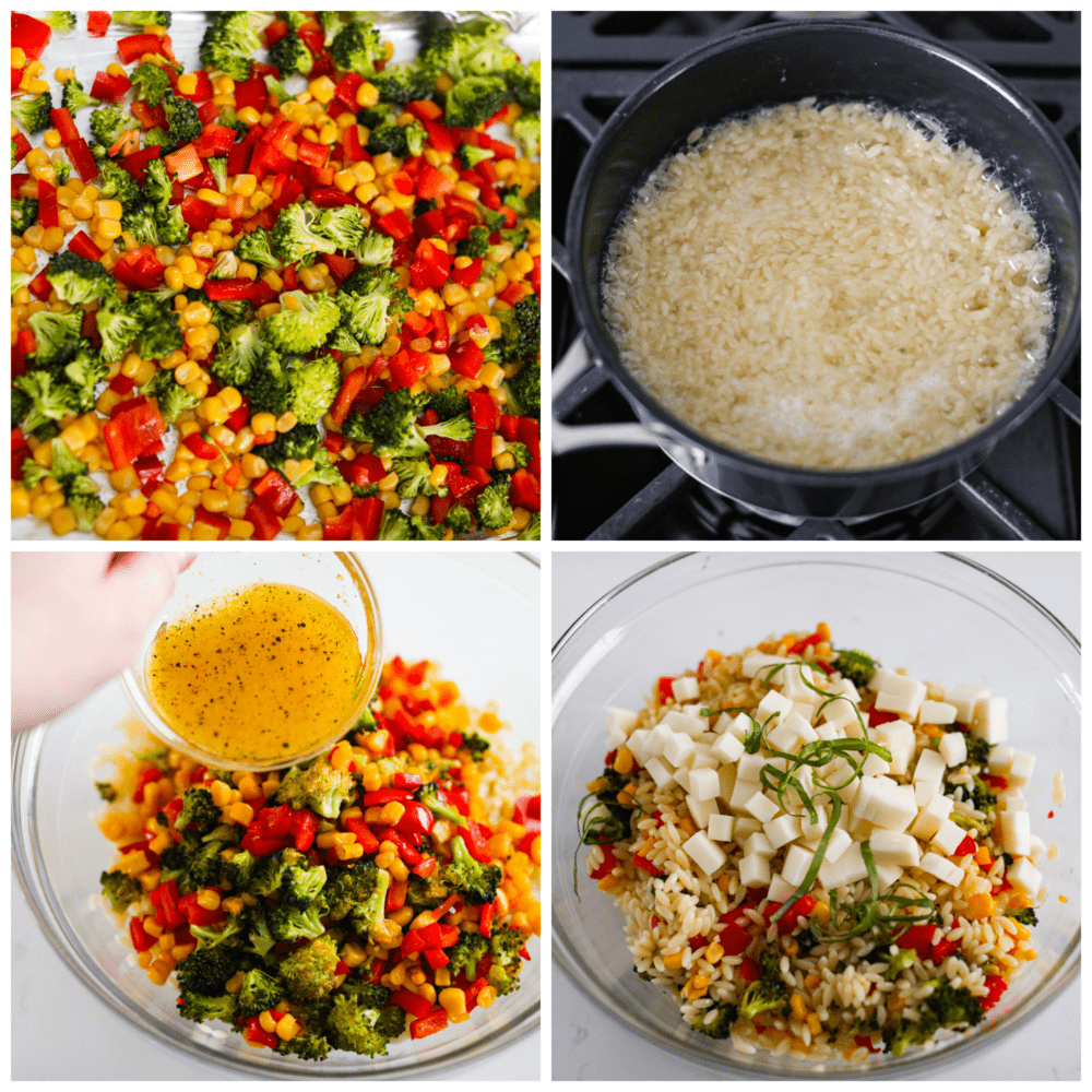 Process photos showing how to cook the veggies, the orzo, then add the sauce and put it all together.