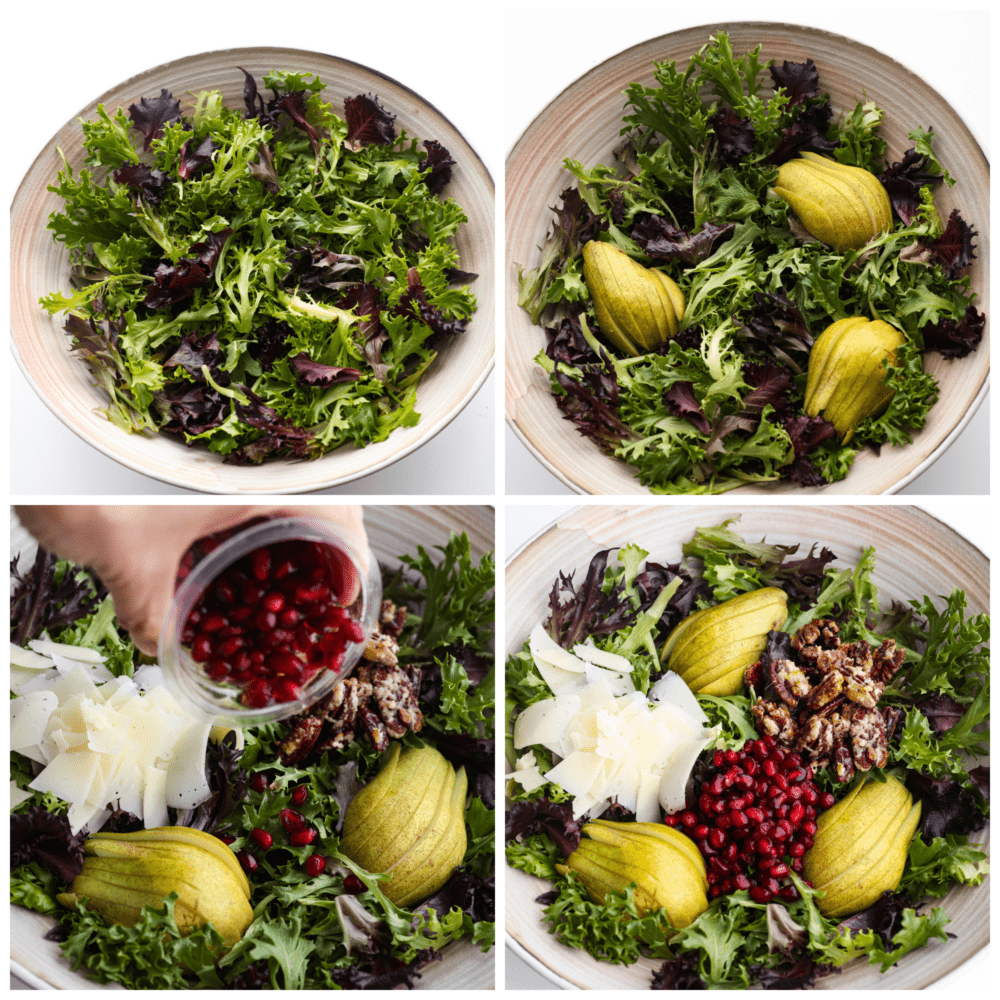 4 pictures showing how to add ingredients to a pomegranate salad. 
