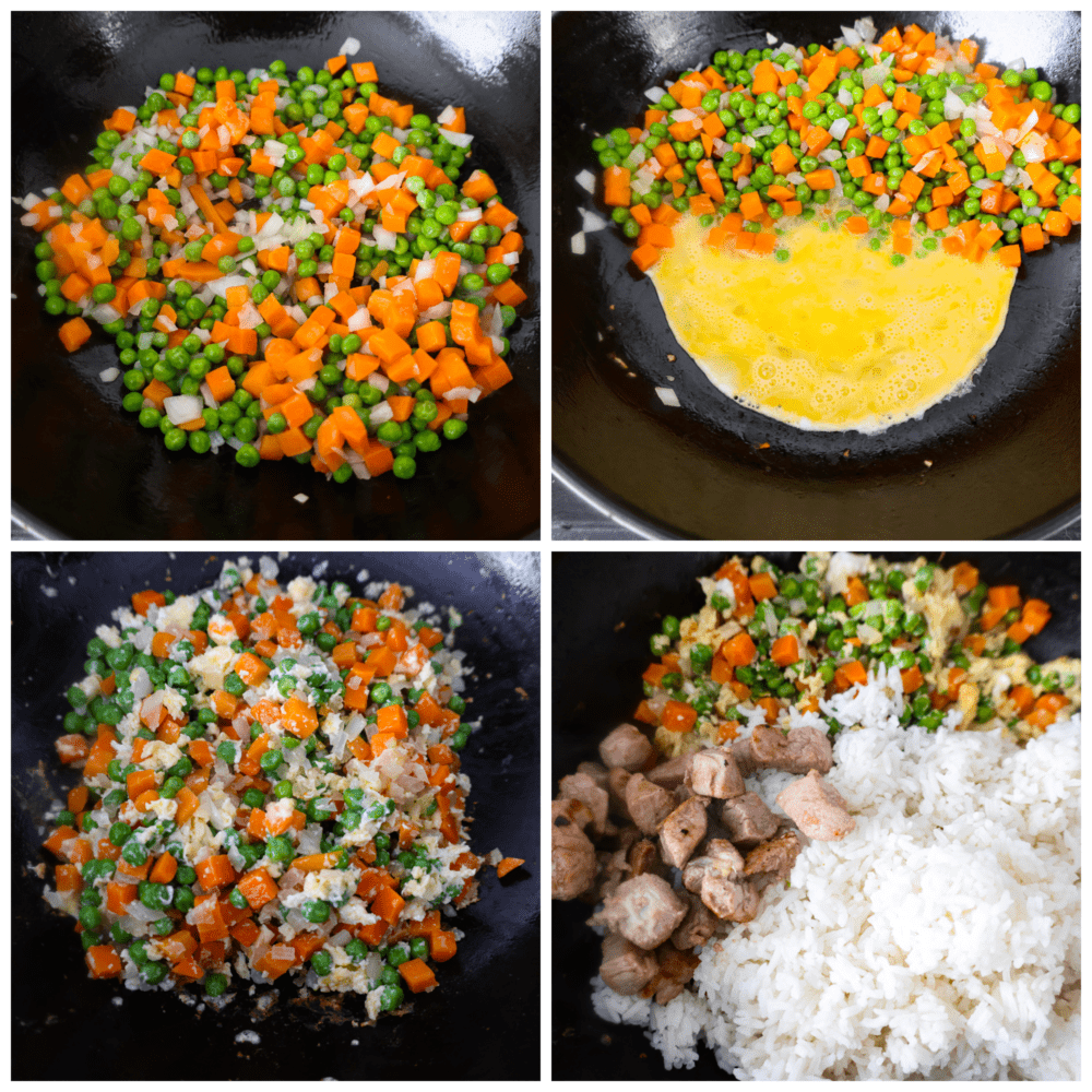 Process photos showing how to cook the veggies and the eggs, and add the rest of the ingredients.
