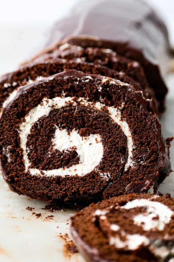 A close up on the Swiss roll cake.