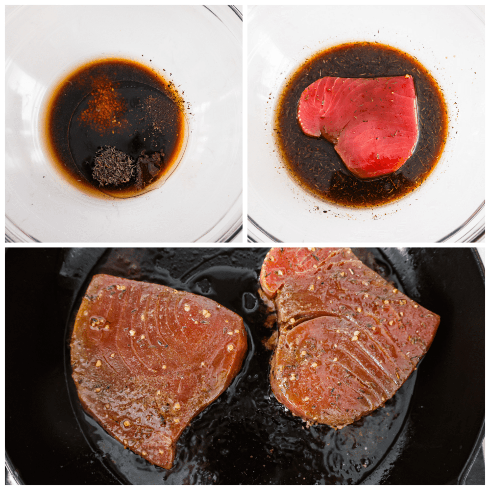 Process photos showing how to make the marinade and cook the tuna.