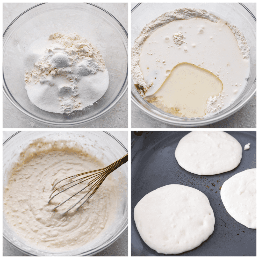 4-photo collage of pancake batter being mixed together and added to a griddle.