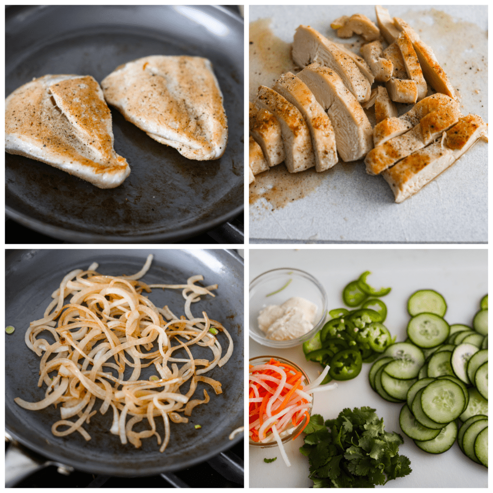 4-photo collage of chicken being cooked and sandwich toppings being prepared.