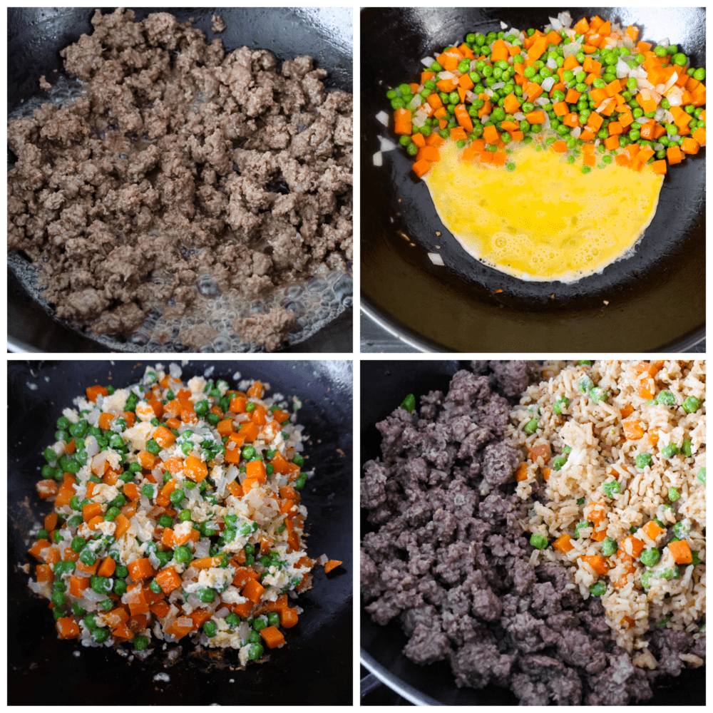 Process photos showing how to prepare the ingredients in the wok.