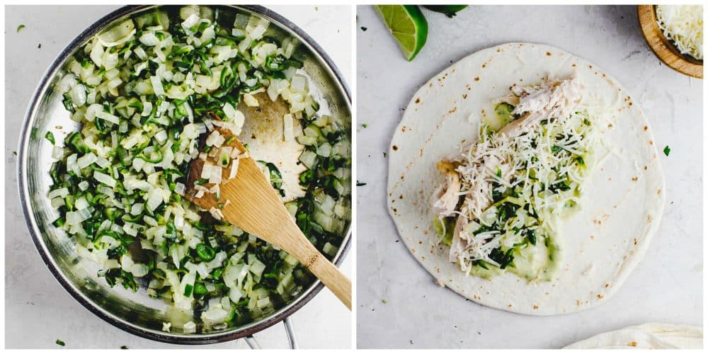 One photo making the vegetable mixture too put in the soft tortillas the other photo putting the chicken and vegetable mixture in the middle of the tortilla.