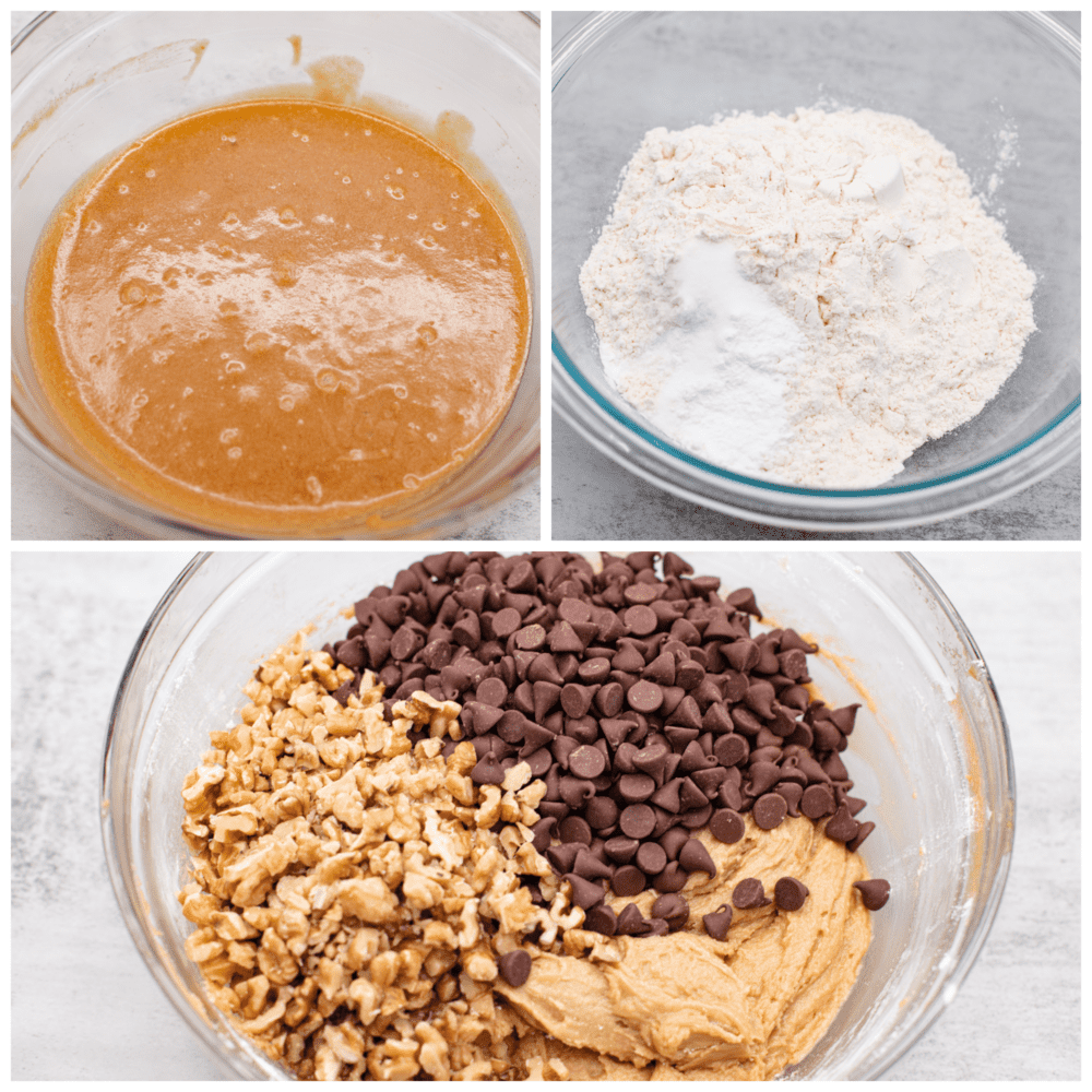 3-photo collage of cookie dough being mixed together.