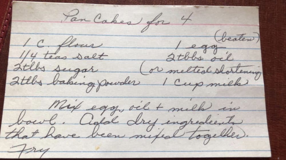 Grandma's recipe card with ingredients she wrote by hand.