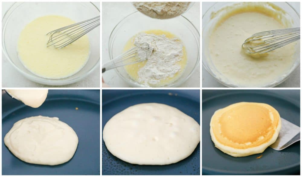 The process of mixing wet and dry ingredients together then combining them and cooking individual pancakes one at a time on the skillet.