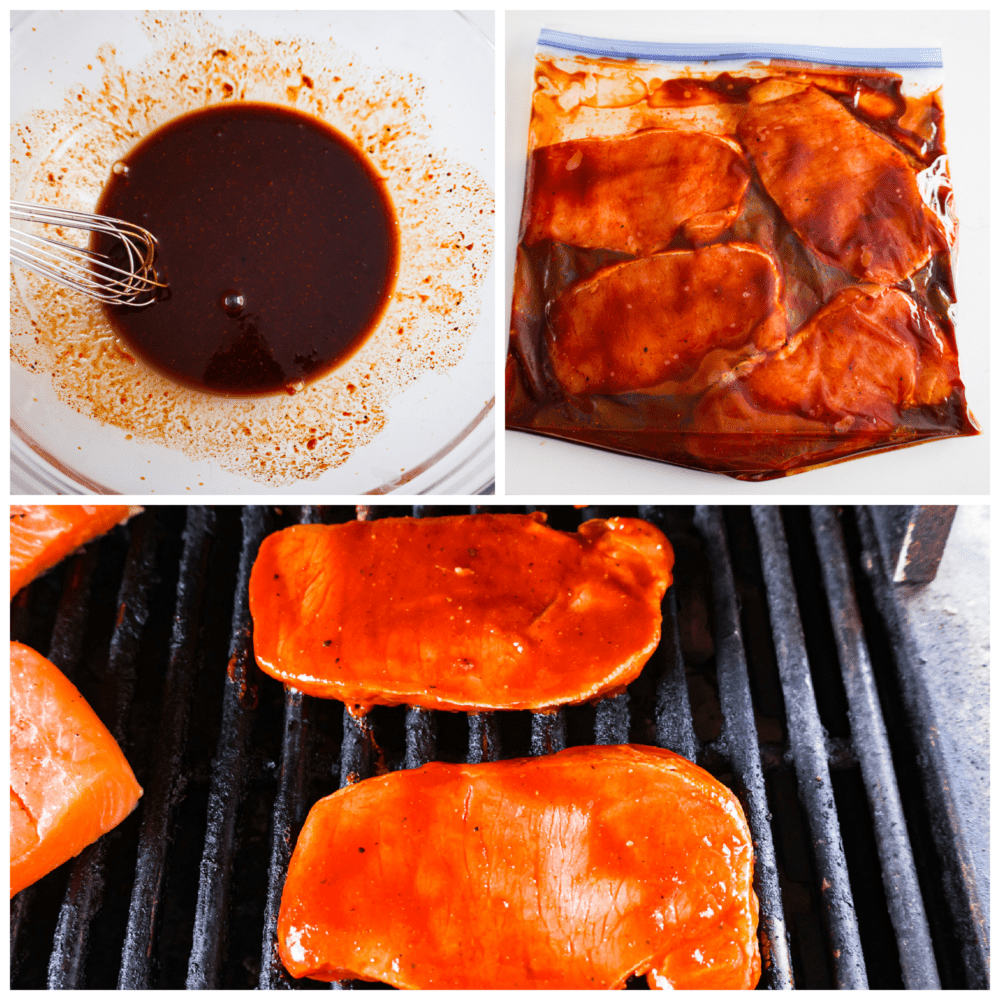 3 pictures in a collage showing the marinade in a bowl, the pork chops marinating in the sauce in a bag and the bbq pork chops cooking on the grill. 