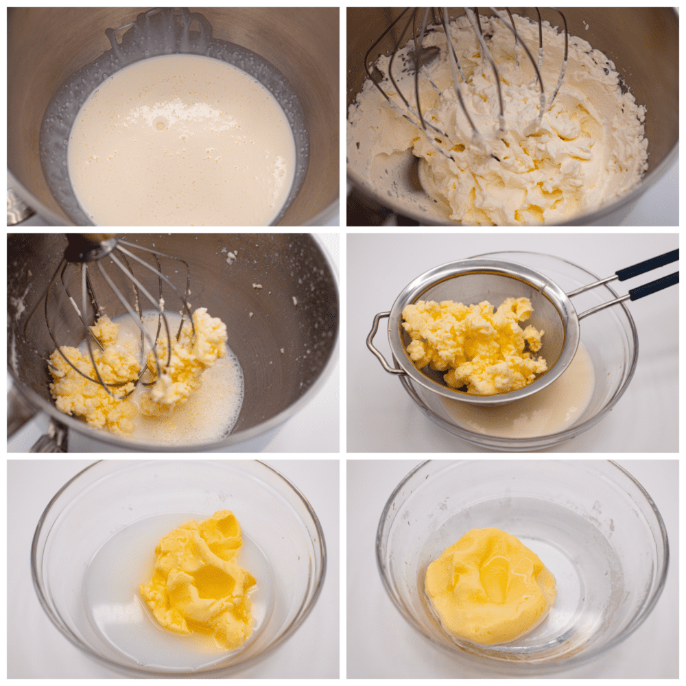 Process photos showing how to whip up the heavy cream and strain it.
