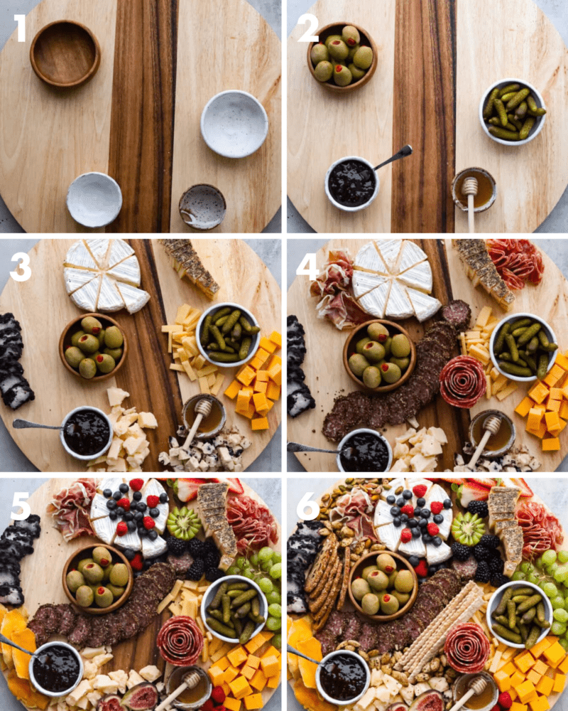 6-photo collage of how to make a charcuterie board.