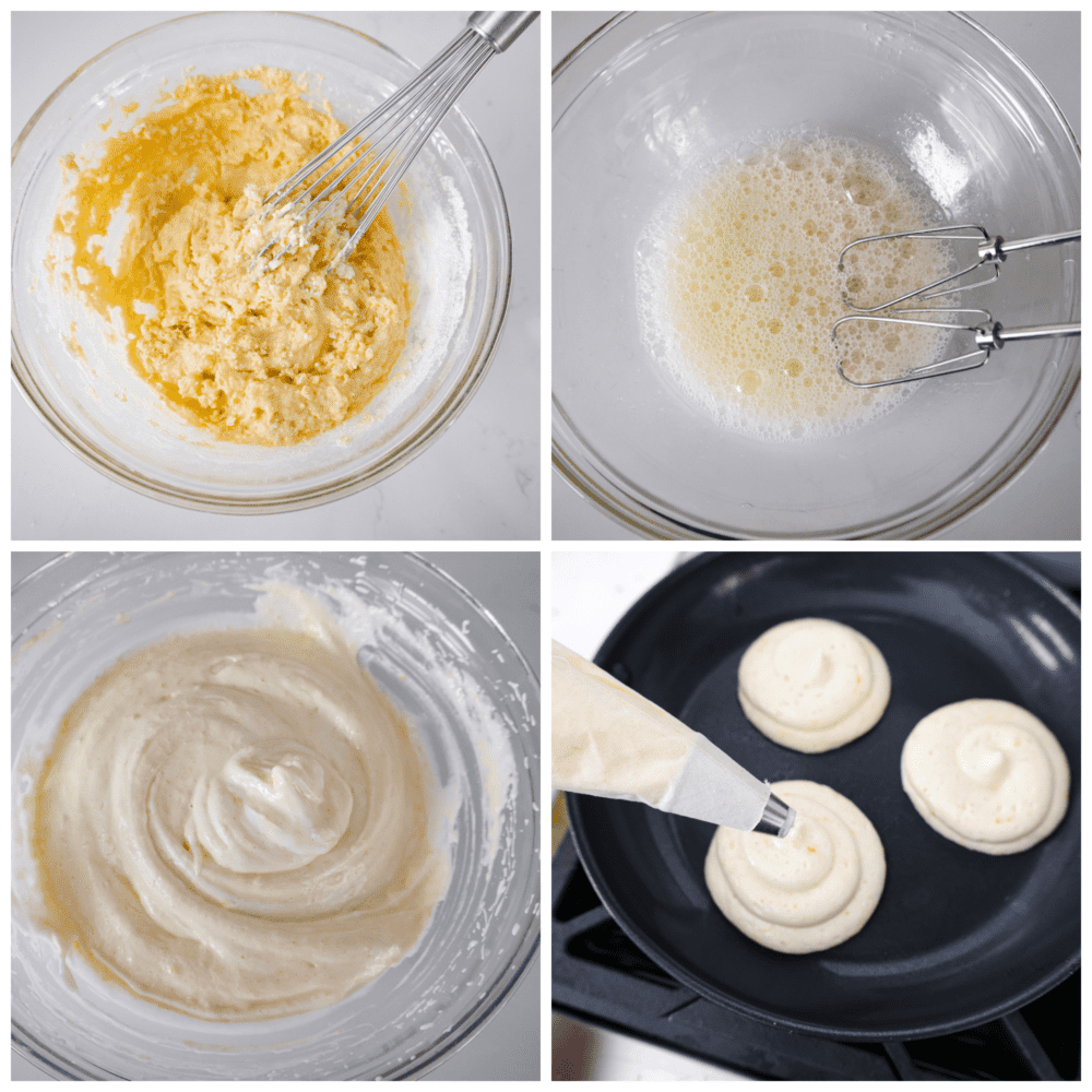 4-photo collage of soufflé pancake batter being prepared and added to a hot pan.