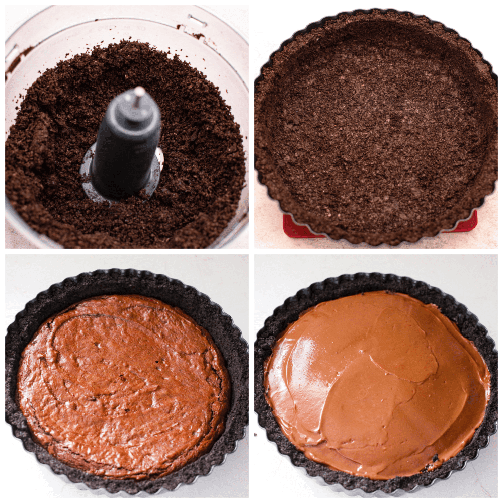 3 photos showing how to make the Oreo crust and how to add in the different layers of brownie and chocolate. 