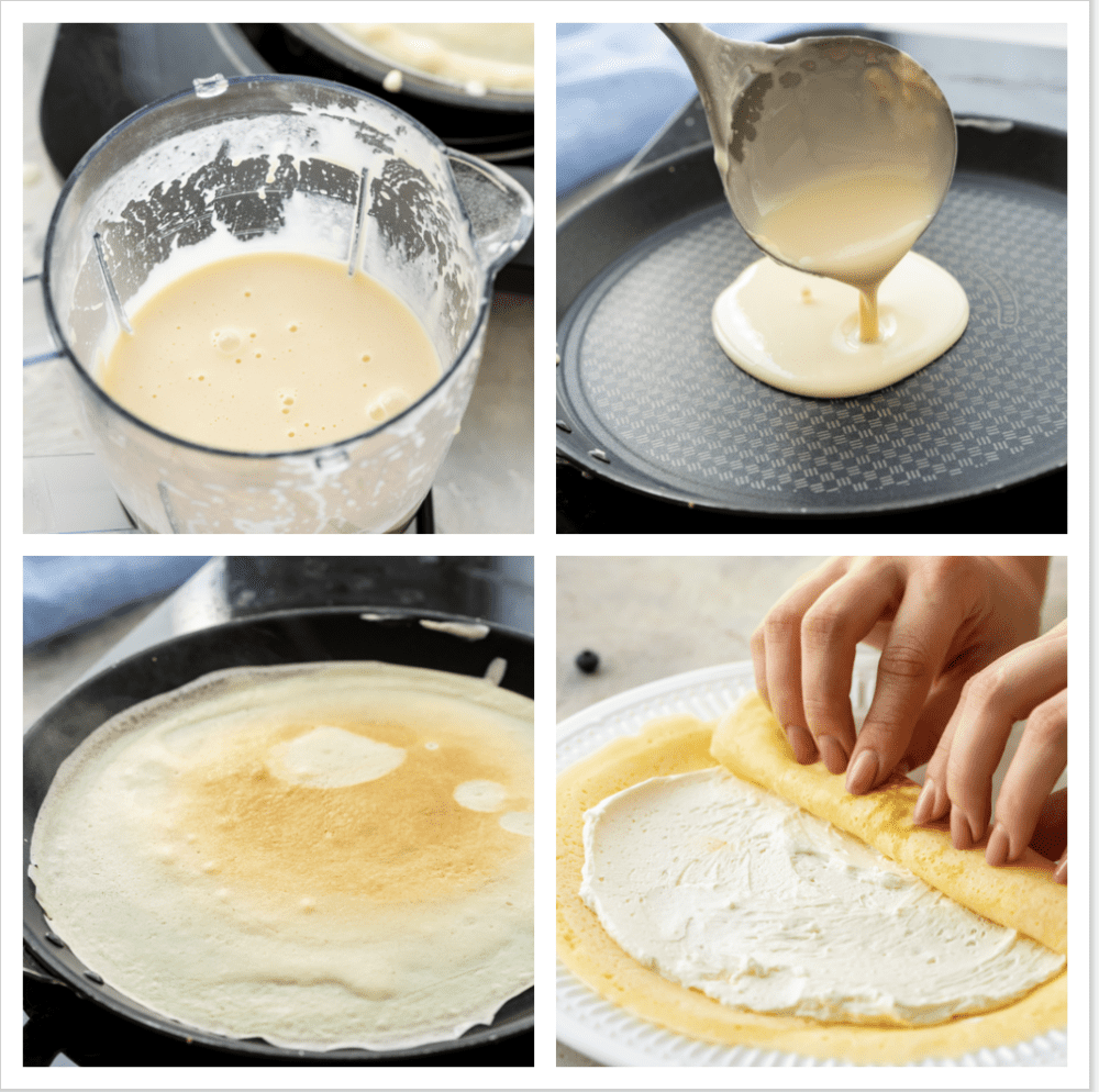 First photo of blended crepe batter. Second photo of pouring the batter onto the skillet. Third photo of the cooked crepe in the skillet. Fourth photo of the filling spread onto a crepe and folding up.