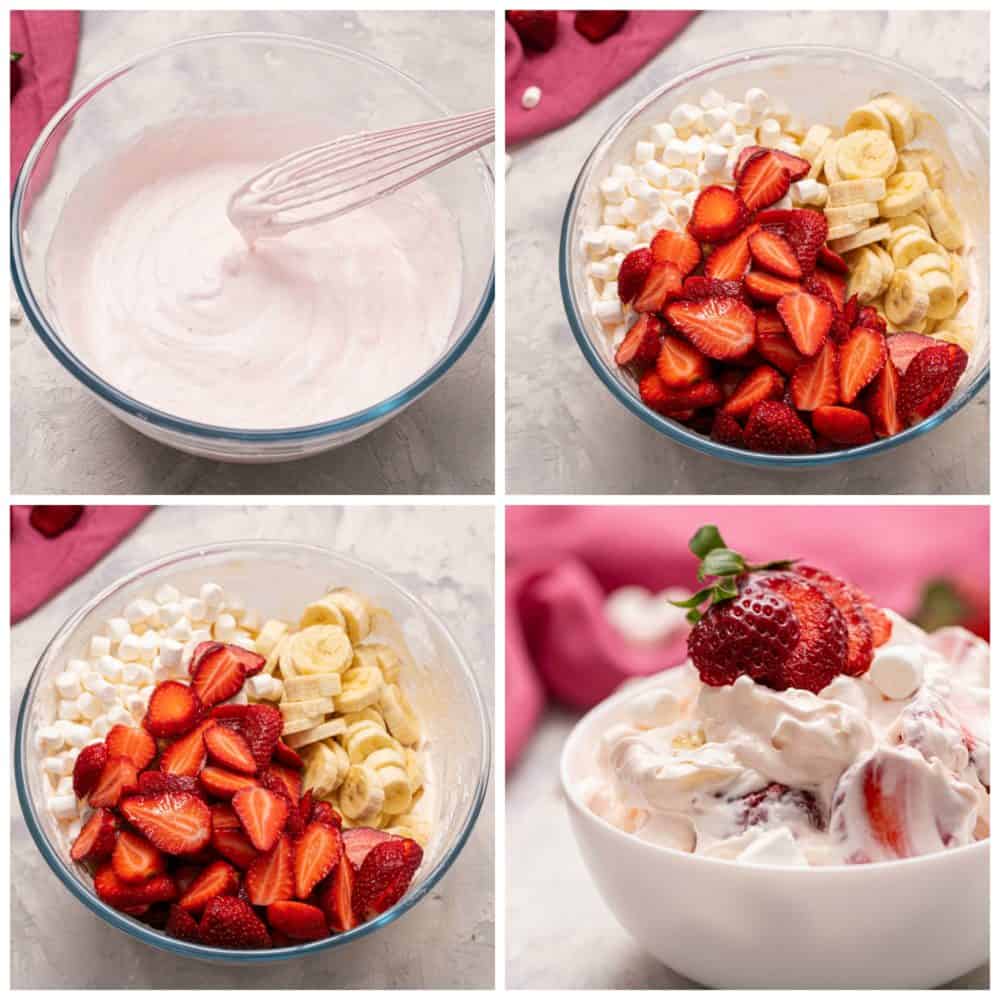 The process of making strawberry fruit salad in four photos. 