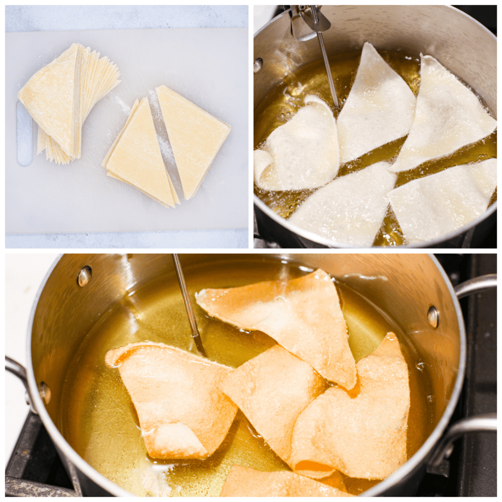 3-photo collage of wonton wrappers being fried in oil.