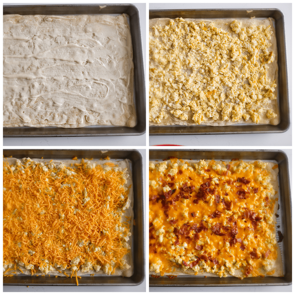 4-photo collage of crust being layered with sauce, eggs, cheese, and bacon.