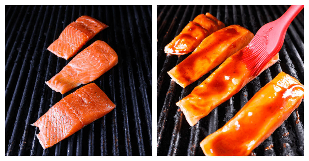 2-photo collage of salmon filets being basted with sauce.