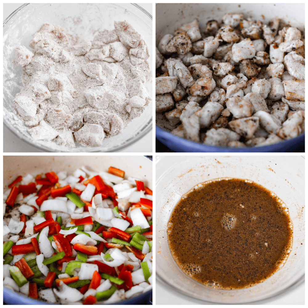4-photo collage of chicken being coated in cornstarch, veggies being cooked, and sauce ingredients being mixed together.