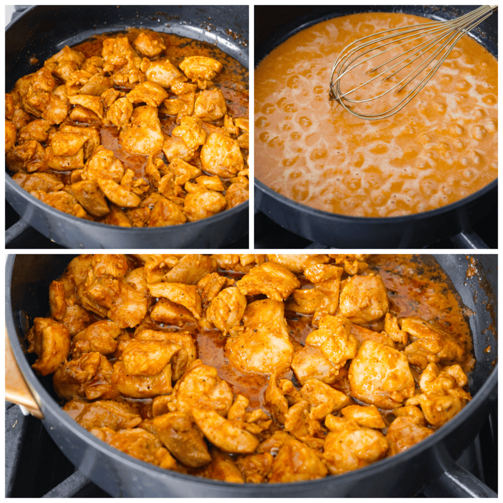 3-photo collage of chicken being simmered a creamy tomato sauce.