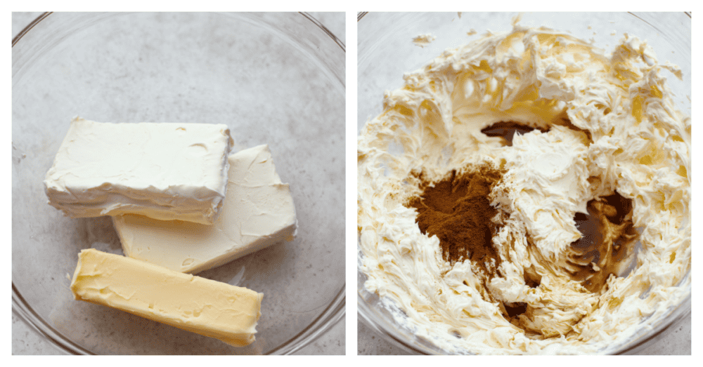 2 pictures showing the ingredients being added and mixed to a glass bowl. 