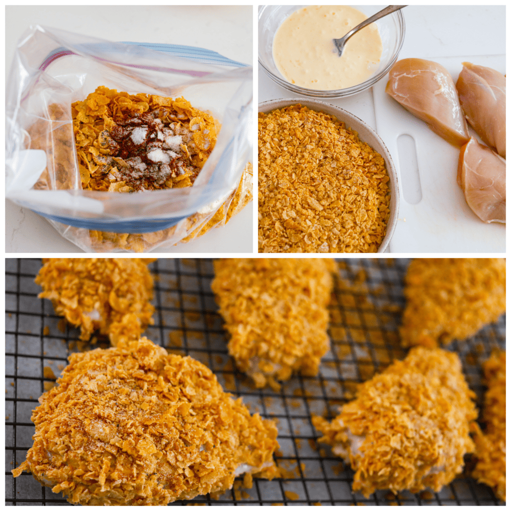 3-photo collage of the chicken being coated with the breading.