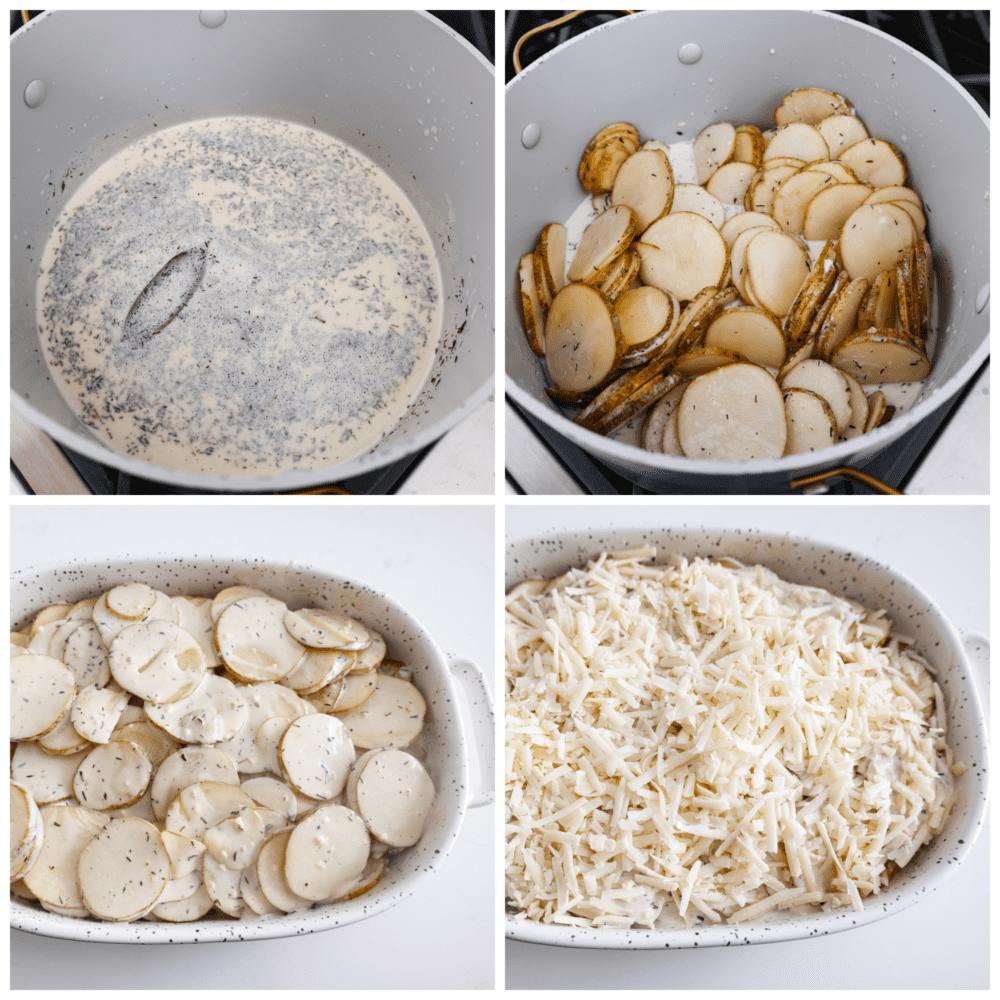 4-photo collage of potatoes and sauce being prepared.