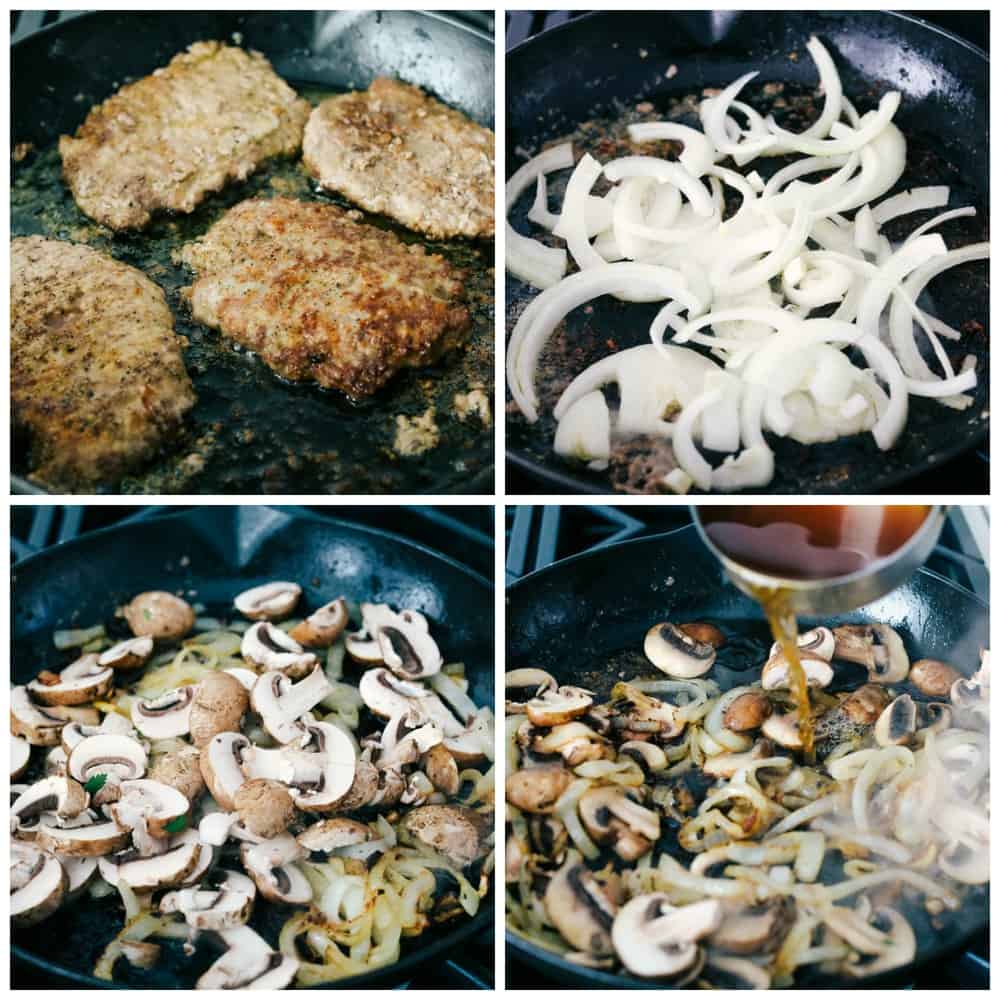 The process of making cube steak. Cooking cube steak on a skillet, then caramelizing onions and mushrooms together making a mushroom gravy sauce. 