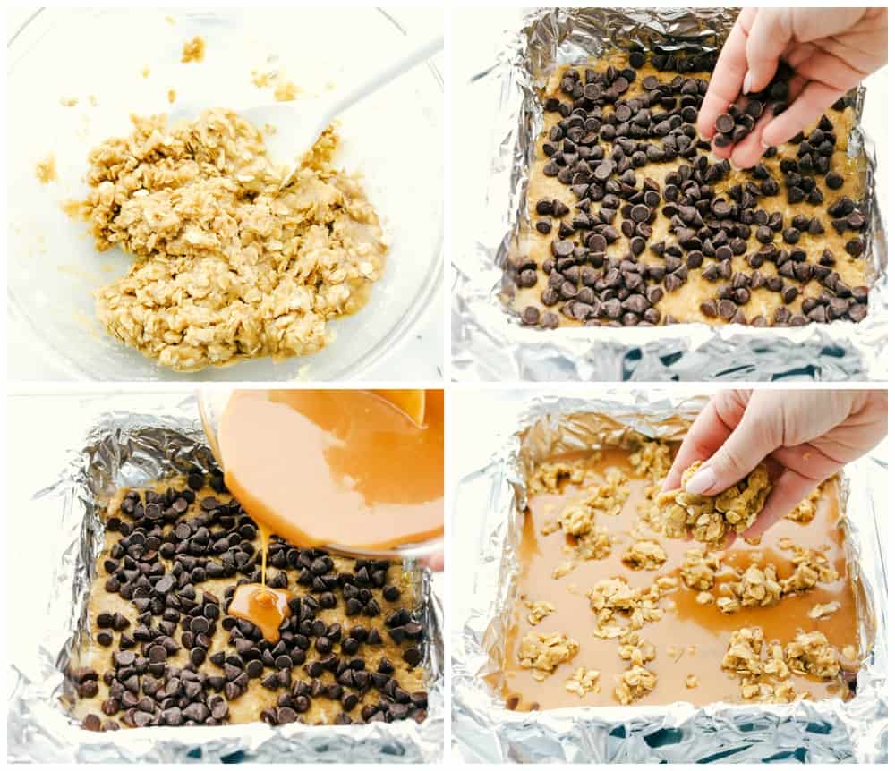 The process of making Carmelitas: first mix the crust together in a glass bowl with a spoon then prepare the pan with aluminum foil and layer with caramel and chocolate chips then add rolled oats on top. 