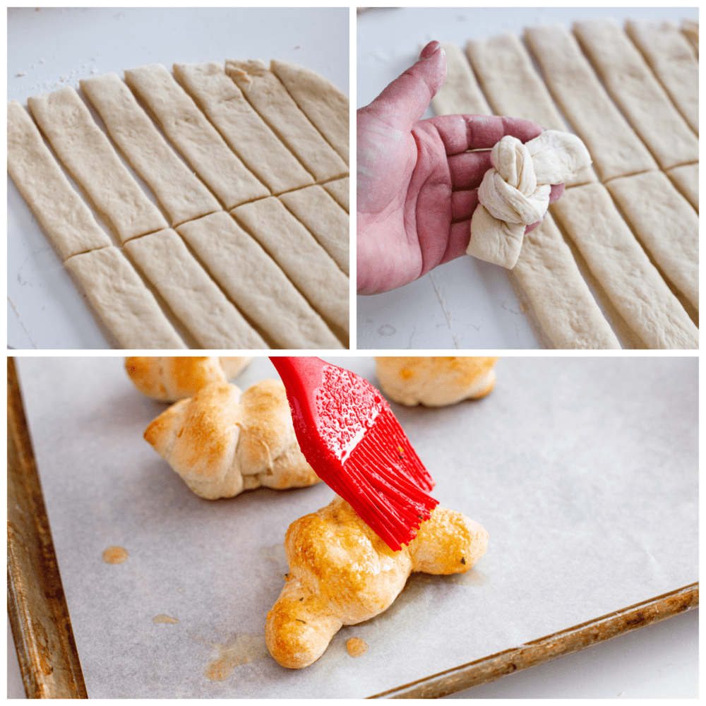 3-photo collage of dough being tied and brushed with a butter mixture.