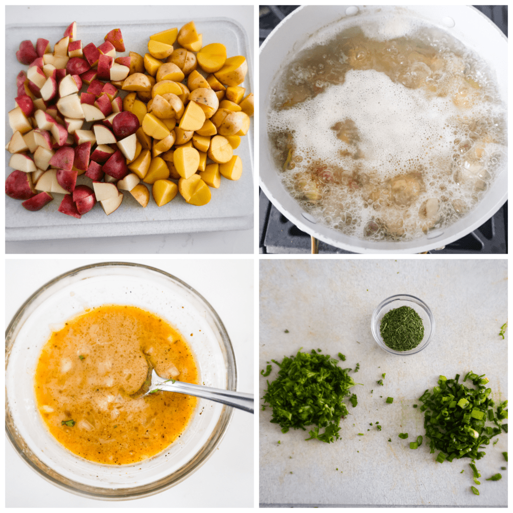 4-photo collage of potatoes being cooked and the vinaigrette being prepared.