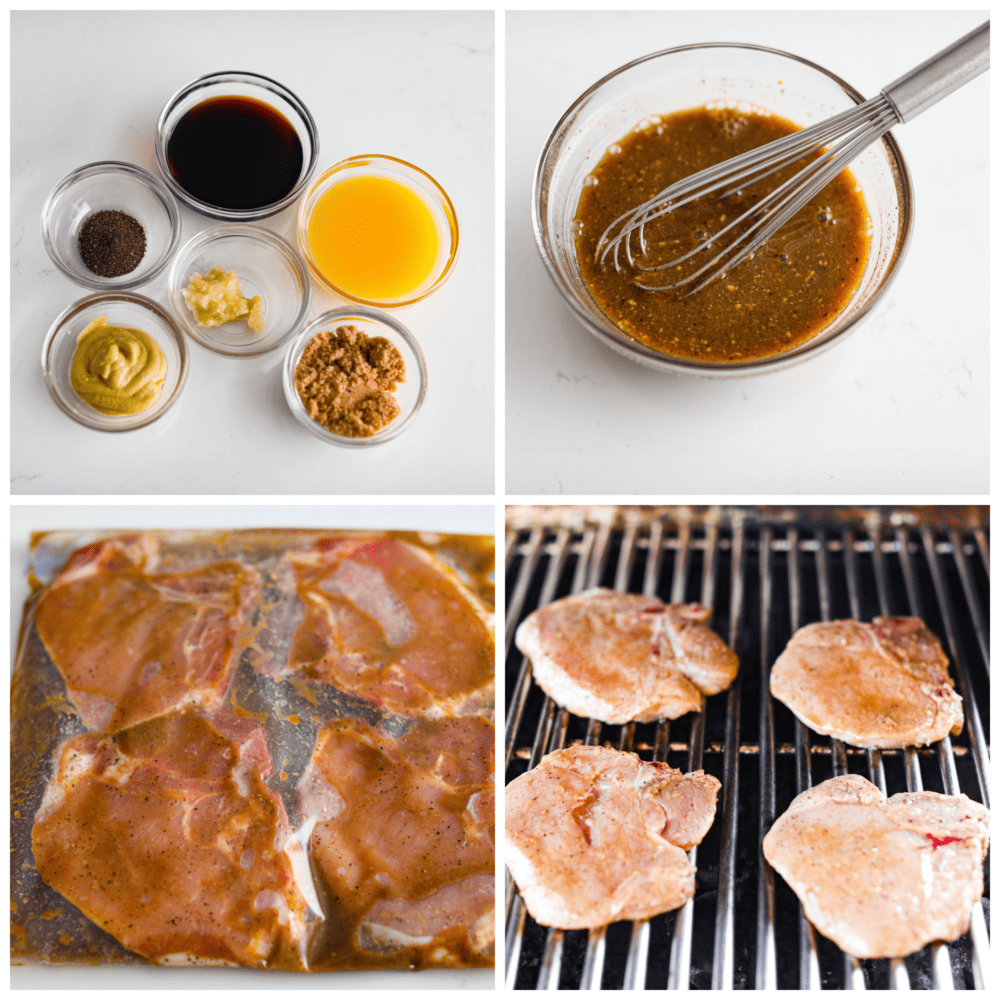 4-photo collage or marinade ingredients being mixed together and pork chops being grilled.