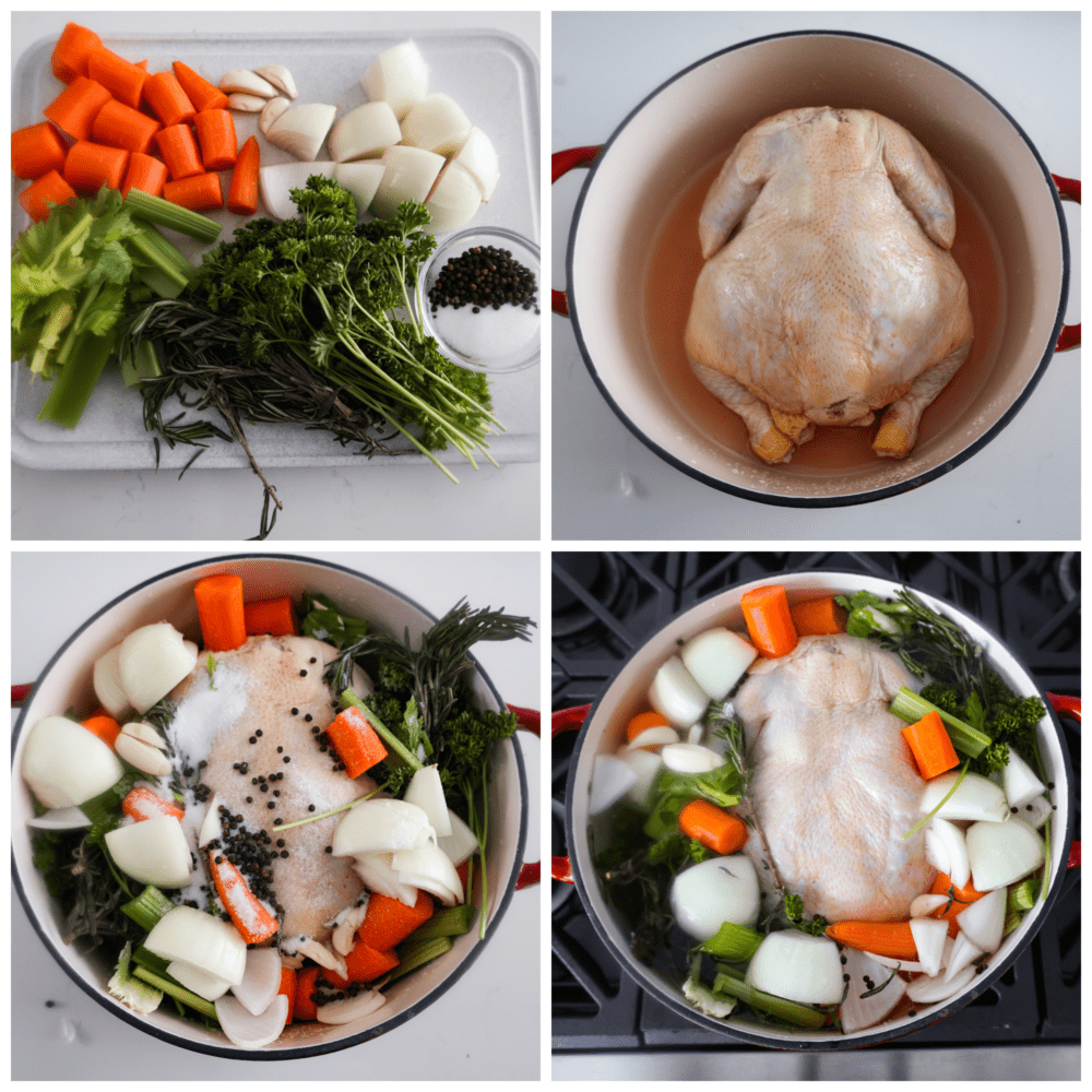 First photo of chopped veggies, herbs, and seasonings. Second photo of an entire chicken in a stock pot. Third photo of veggies and seasonings in the pot. Fourth photo of the chicken, vegetables, and water added on top.