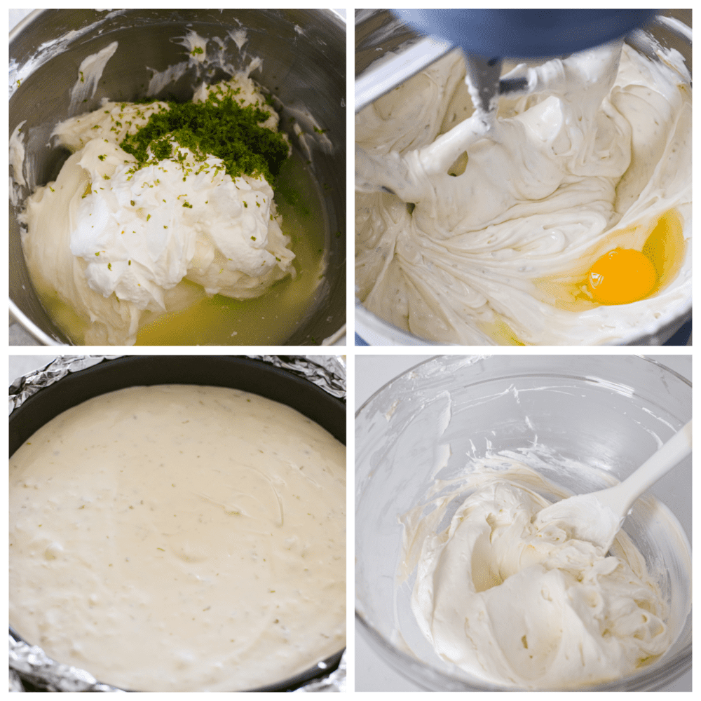 4-photo collage of cheesecake filling being prepared.