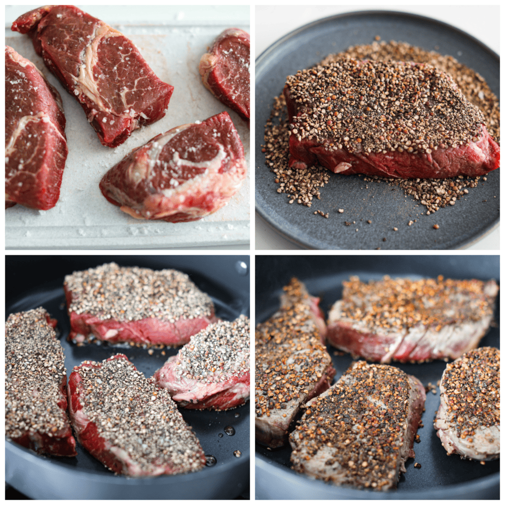 4-photo collage of steak au poivre being prepared.