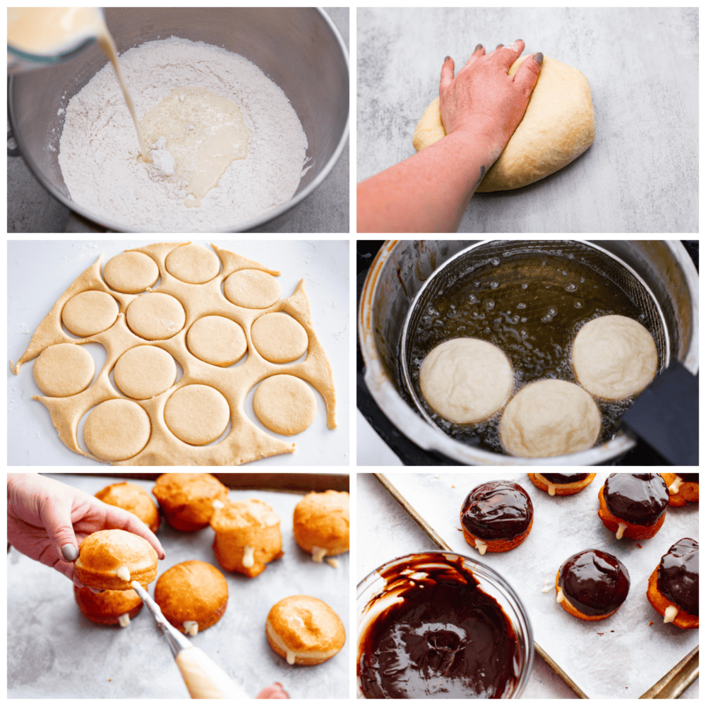 A collage of 6 photos showing how to mix the dough, knead it, cut it, cook it and add in the cream and topping. 