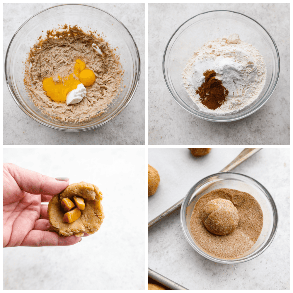 4-photo collage of the brown butter salted caramel snickerdoodles being prepared.