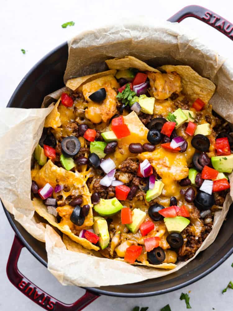 The top view of campfire nachos that are cooked. 
