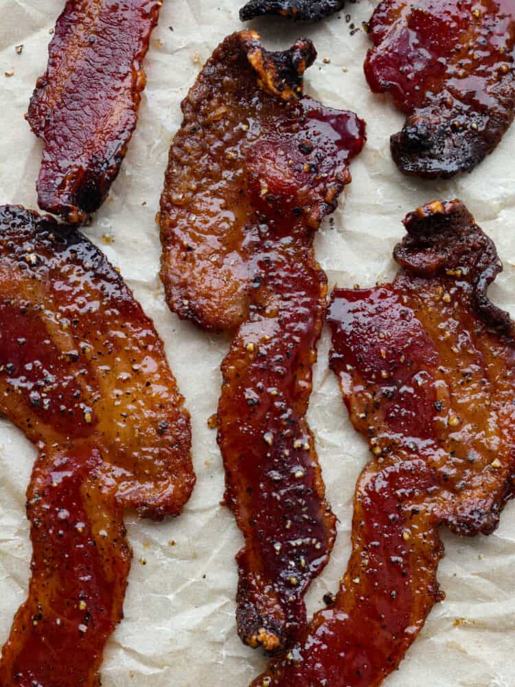 Closeup of candied bacon.