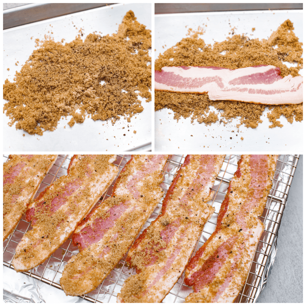 3-photo collage of bacon slices being coated in brown sugar.