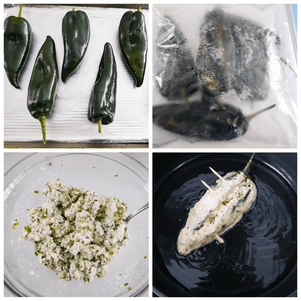 4-photo collage of peppers being stuffed with cheese and fried.