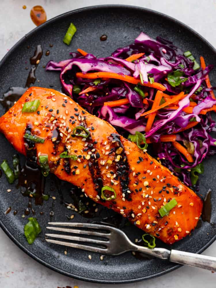 Firecracker salmon served with red cabbage slaw.