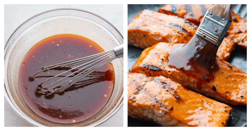 2-photo collage of sauce being mixed together and basted on each salmon filet.