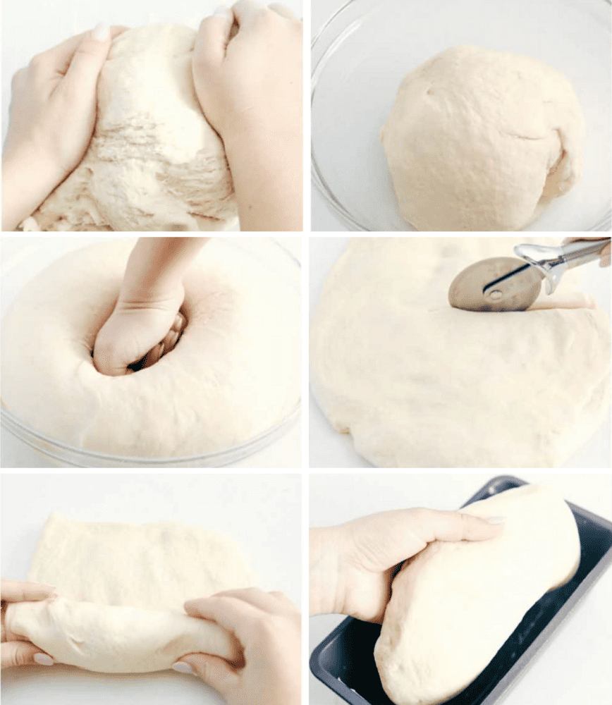 A collage of 6 photos of process shots for making homemade bread. 