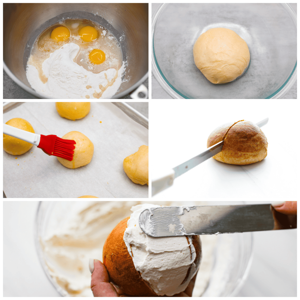 5-photo collage of sweet buns being prepared step-by-step.
