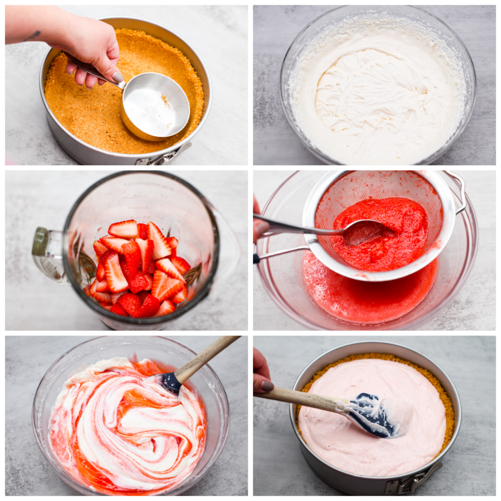 First photo of the crust being pressed into a springform pan. Second photo of the cheesecake batter mixed. Third photo of strawberries in a blender before being blended. Fourth photo of strawberry puree being strained. Fifth photo of the strawberry puree being folded into the cheesecake batter. Sixth photo of the cheesecake filling being spread into the crust.