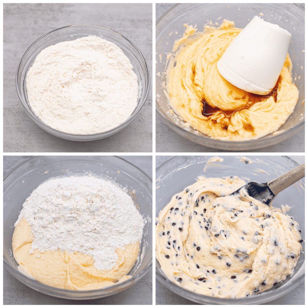 4-photo collage of cake batter ingredients being mixed together.